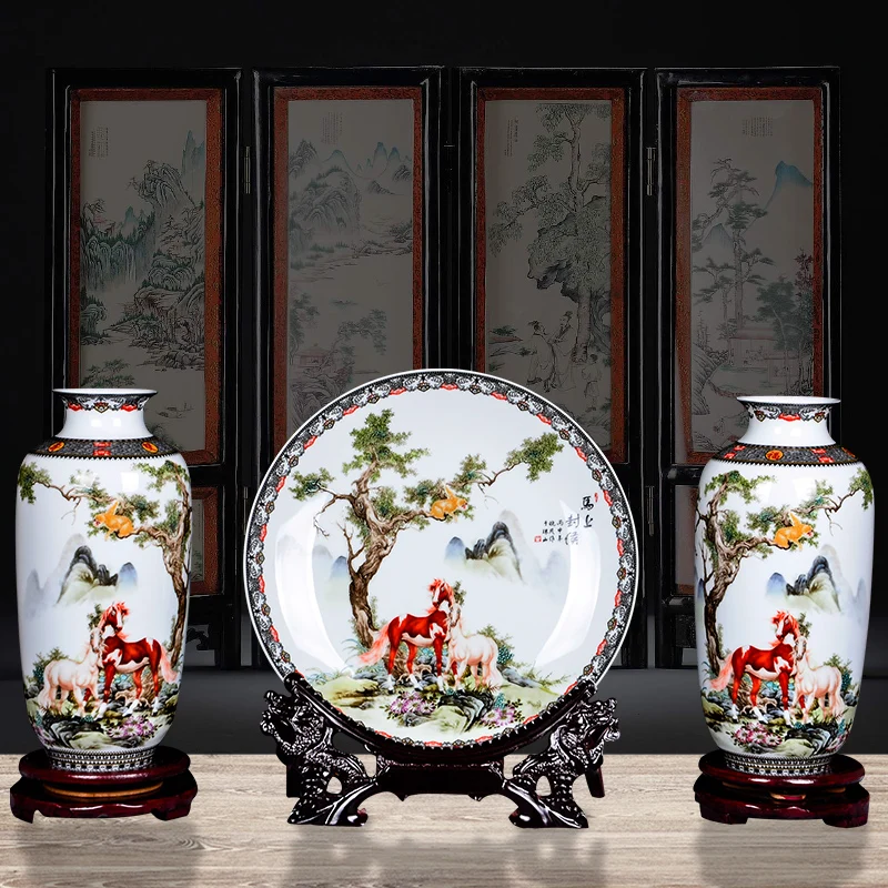 vase and plate set Цзиндэчжэнь керамическая ваза пастельных тонов пейзажи, Цветочная композиция, сухие цветы, украшение гостиной, китайский ТВ шкаф - Цвет: vase and plate set