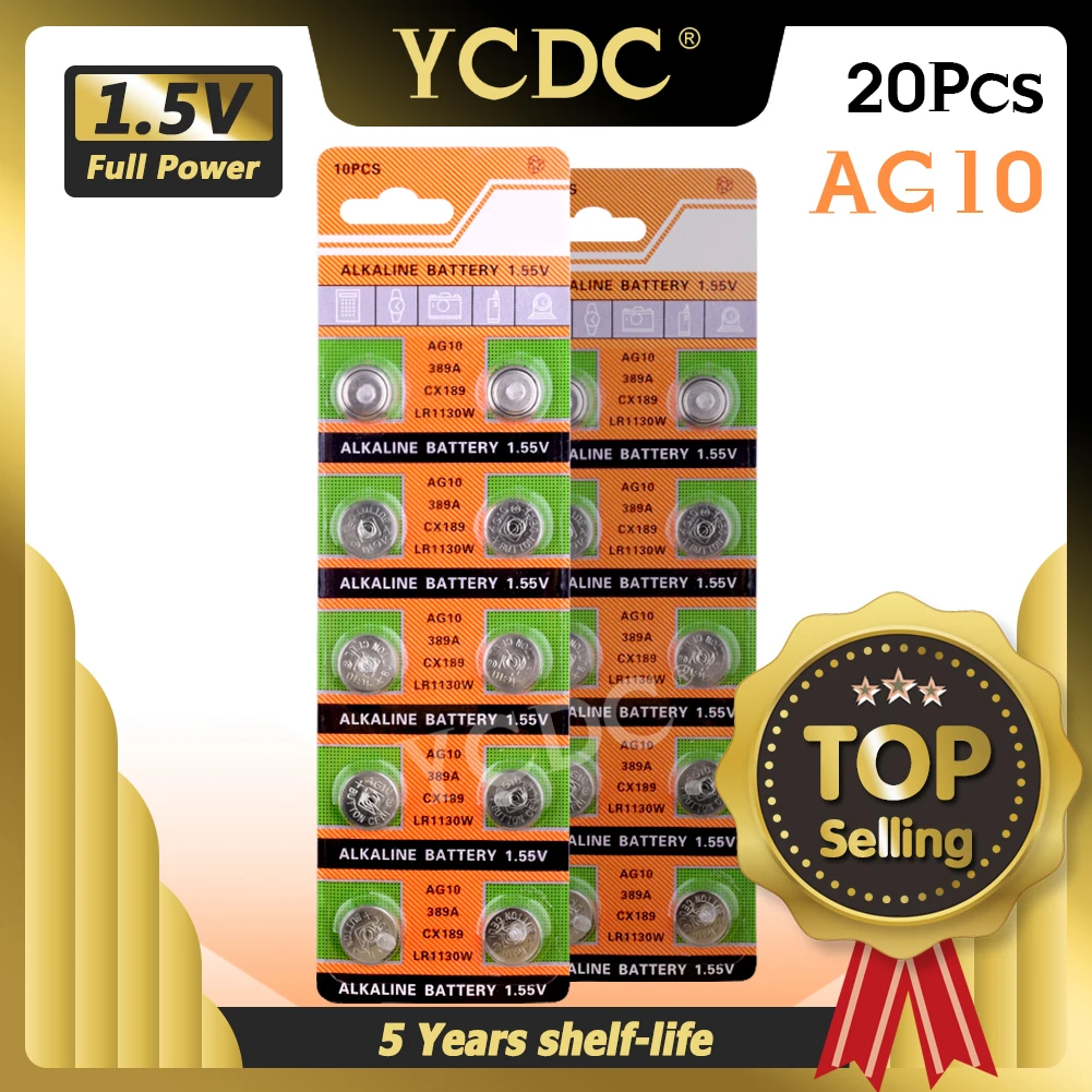 Кнопочные щелочные элементы YCDC 20 шт. 1 55 в 189 389A 390A AG10 D189 L1131 LR1130 LR54 RW89 G10 G10A SR1130 GP89A KA54