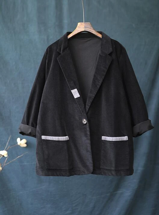 NINI WONDERLAND Autumn Corduroy Loose Coat Women Long Sleeve Vintage Jacket Coat Female Patchwork Outerwear Casual Coats - Цвет: black