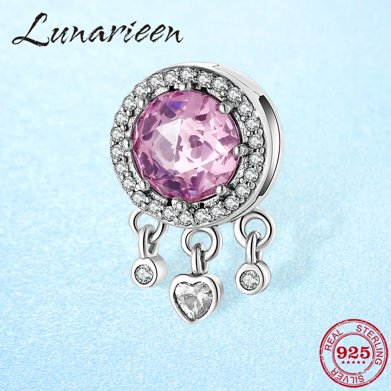 

Authentic 925 Sterling Silver Noble Elegant Pink Clear CZ Crystal Beads Clip Charms Fit Reflection Bracelet DIY Jewelry Making
