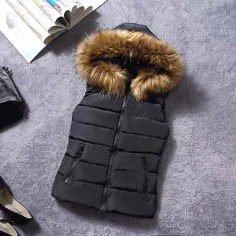 Модный женский зимний жилет, куртка, однотонное пальто с капюшоном из искусственного меха без рукавов, Женский пуховый жилет с хлопковой подкладкой - Цвет: Черный