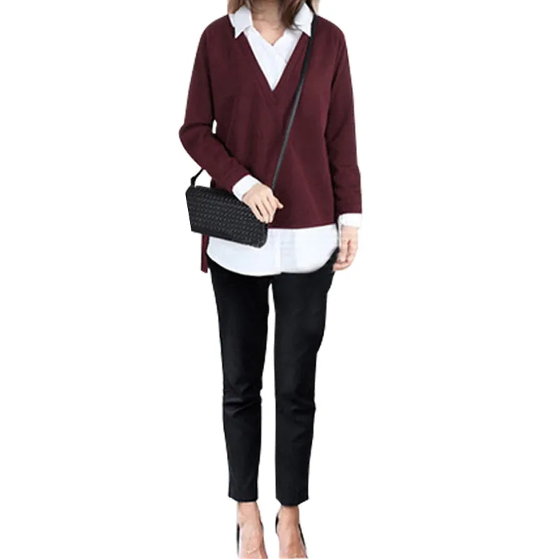 New tricot blusas 2020 Women tops Fake two-piece shirt turn-down collar sweater slim clothing women plus size 5XL C12 | Женская одежда