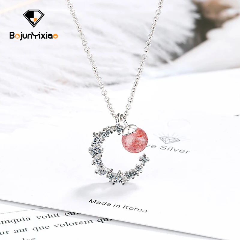 

Natural Strawberry Crystal Moon 925 Silver Necklace Simple personality temperament clavicle chain Fashionable women's bracelet
