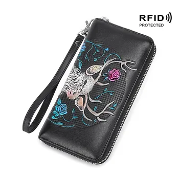 

Women Floral Long Wallet Genuine Leather Large Capacity Zipper Purse Ladies Personality Multi-function Zipper Handbag