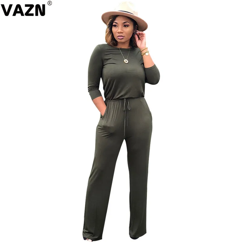 VAZN YM-8303 с круглым вырезом, однотонные шифоновые спортивные костюмы с высокой улицей, повседневные женские комбинезоны с длинными рукавами - Цвет: Зеленый