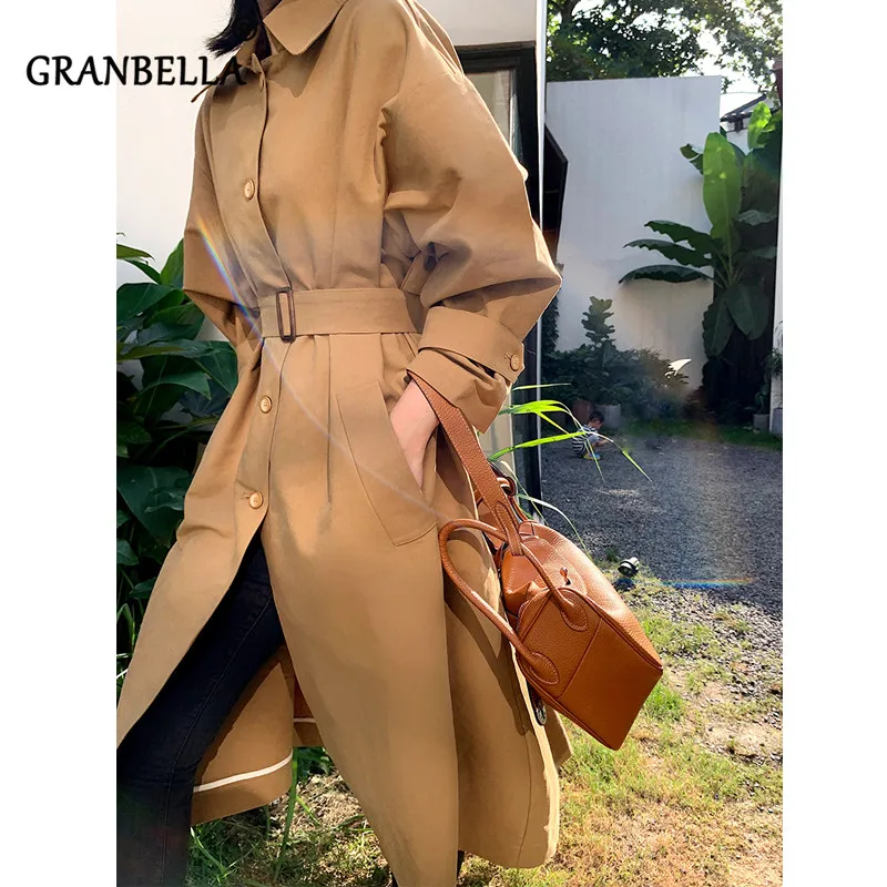 

2019 Apring Autumn Casual Large Size Korean Loose Thin Windbreaker Belt Solid Long Sleeve Single Breasted Women Elegant Outwear