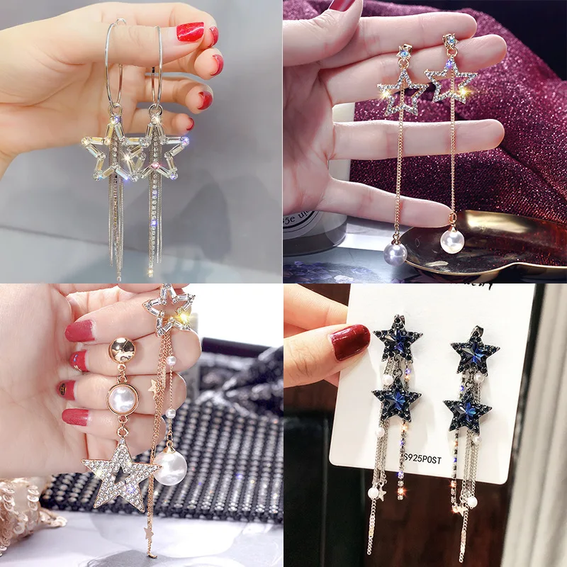

VOHE Fashion Exaggerated Hollow Five-Pointed Star Brincos Long Statement Tassel Zircon Drop Earrings For Women Jewelry
