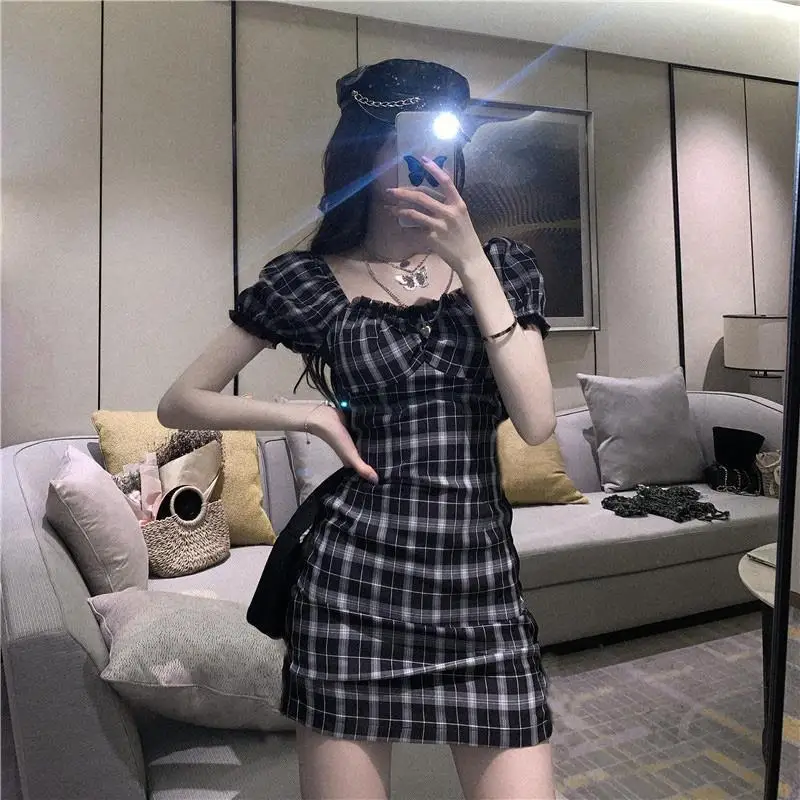 Dresses Womens Plaid Students Puff Sleeve Simple Street Style Square Collar Elegant Trendy Casual Aesthetic Ladies Slim Ulzzang long sleeve wedding dresses