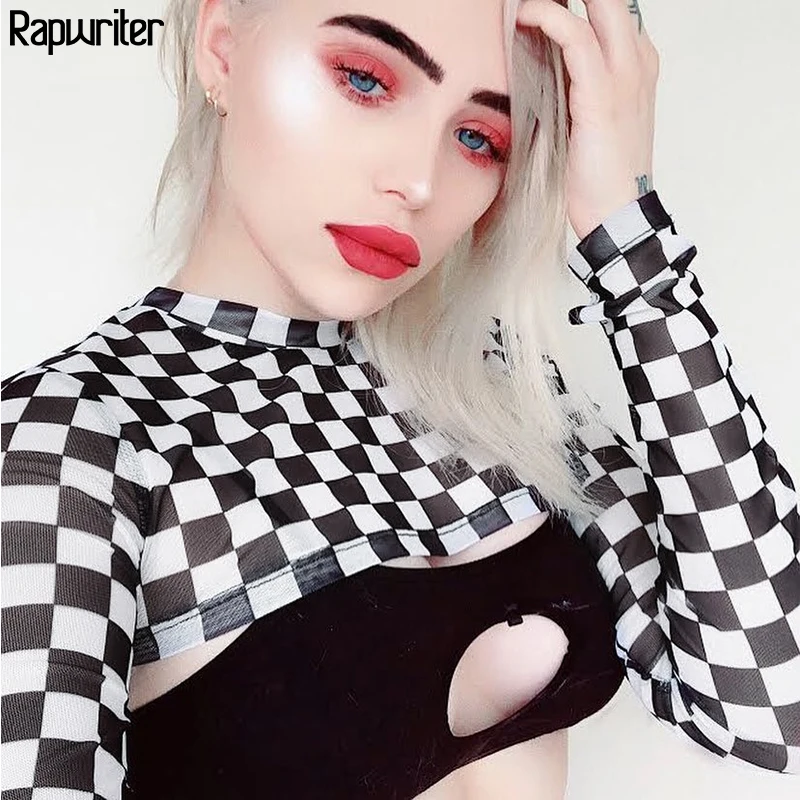 

Rapwriter Sexy Transparent Checkerboard Sweatshirt Women 2019 Summer Autumn Streetwear Long Sleeve Cropped Tops Out Wear