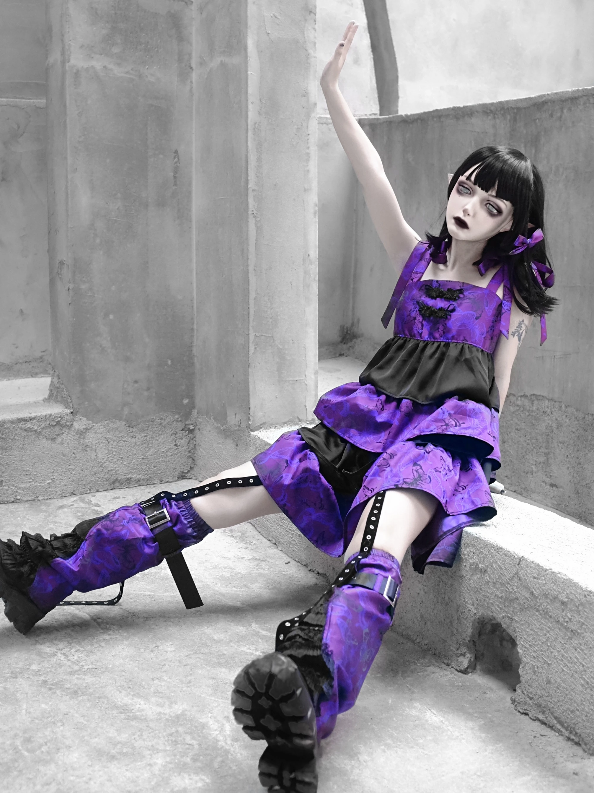 Purple Cyber Goth Original Design Purple Butterfly Gothic Ruffles