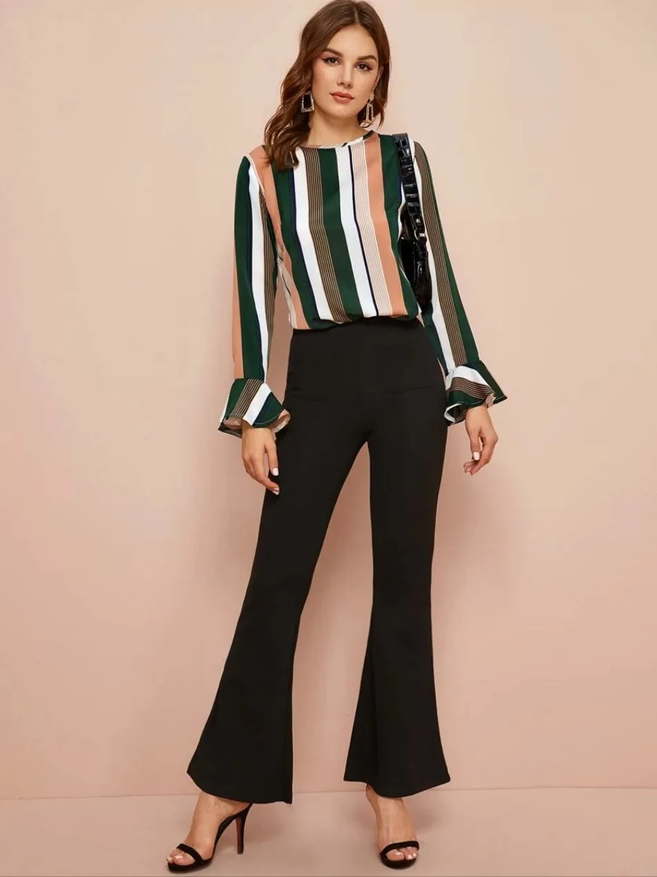 

Linglewei New Spring and Summer Women's Shirt stripe pagoda sleeve Long sleeves Chiffon shirt