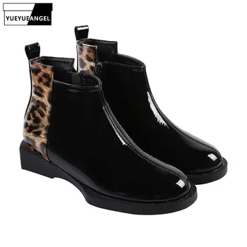 

Winter Women Fleece Lining Ankle Boots Fashion Leopard Patchwork Shoes Round Toe Flats Boots Zipper Ladies Casual High Top Shoes