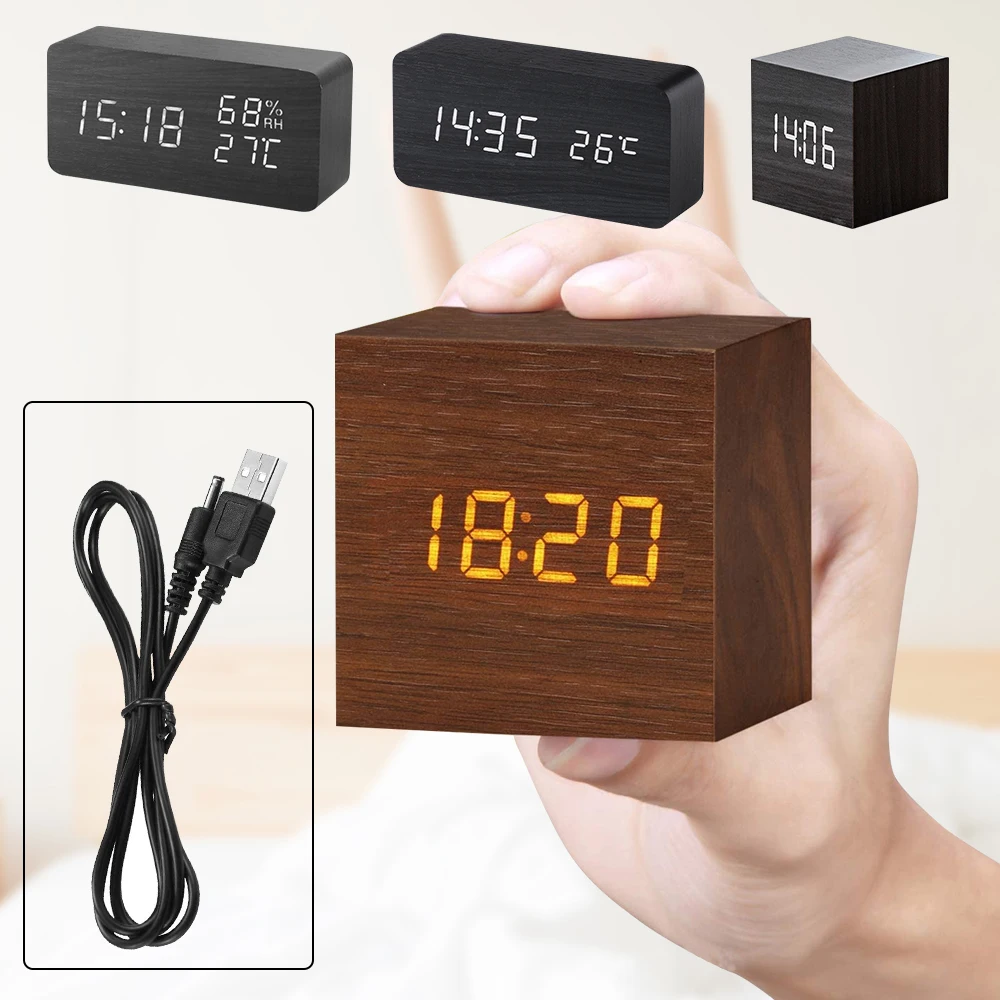 Деревянные электронные настольные часы со светодиодной подсветкой и USB-зарядкой
