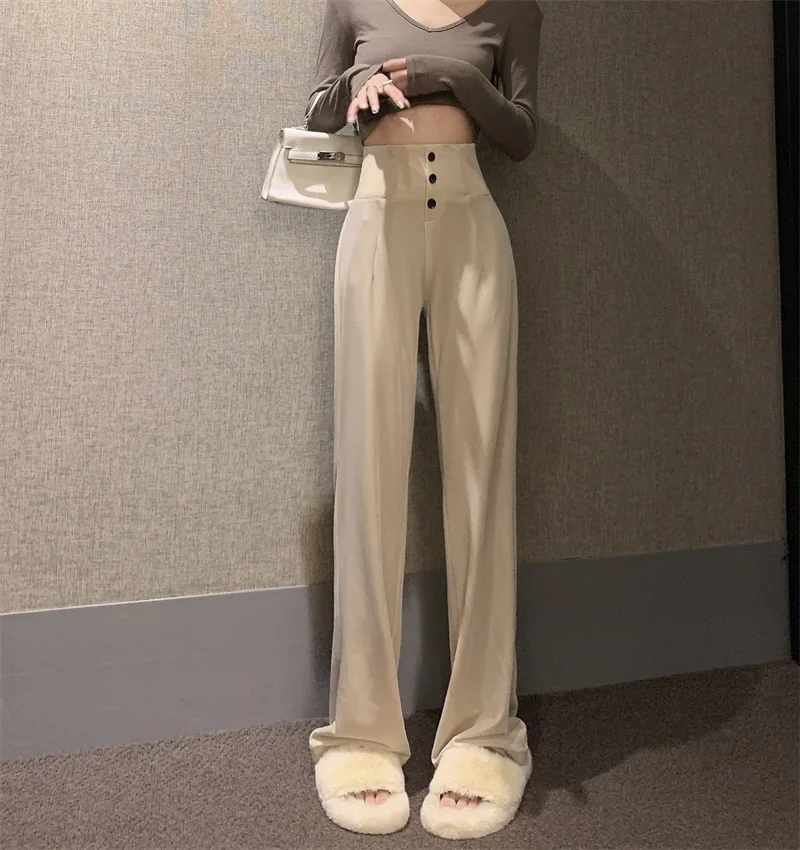 

New Autumn Women Casual Pants Fashion Off White Vintage Button High Waist Wide Legs Versatile Office Lady Mopping Trouser Femme