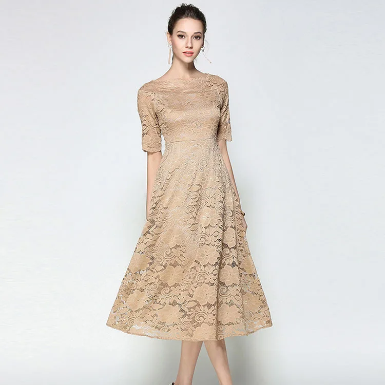 

2019 Summer Retro WOMEN'S Dress Horizontal Neck Short Sleeve Lace Dress Slim Fit Mid-length Big Skirt