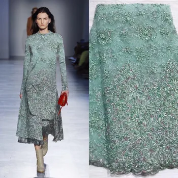 

Beautifical Nigerian lace fabrics Latest style green net lace with beaded embroidery sequins french lace fabric 5yards ML5N358