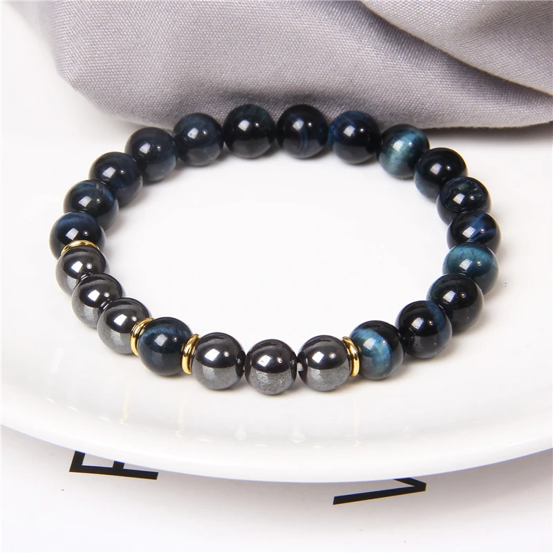 Stone Bead Bracelets Natural Polished Blue Tiger Eye For Women Men Fashion Classic Elastic Hematite