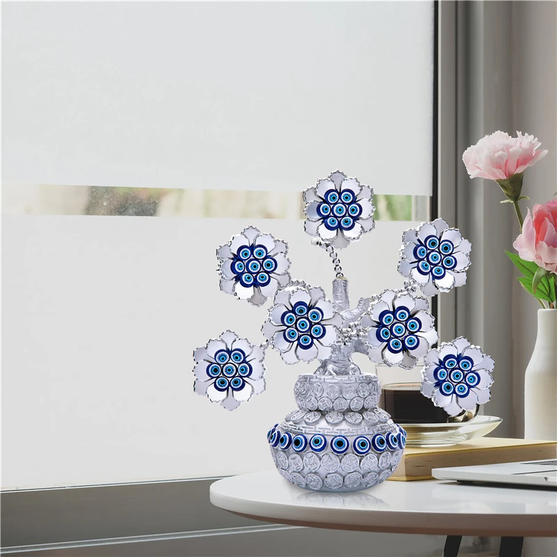 Buy H&D Turkish Evil Eye Flowers Tree with Silver Money Bag Feng Shui Showpiece for Home/Office Decor Protection Wealth Prosperity