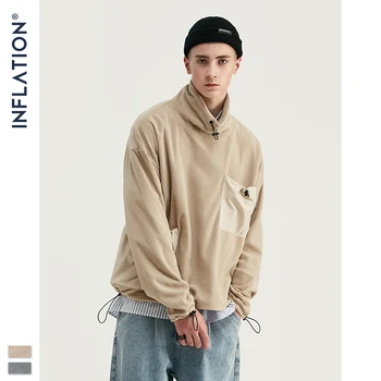 

INFLATION Design Men Pullover Sweatshirt High Collar Fleece Dropped Shoulders Men Sweatshirt With Pocket Contrast Color 9675W