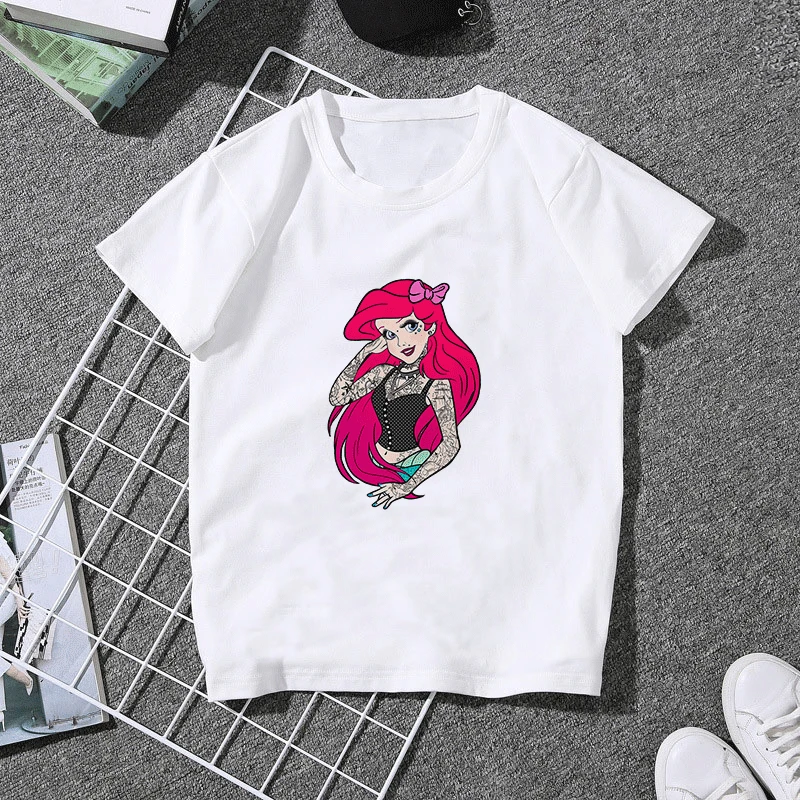 Белоснежка и принцесса Алиса Харадзюку футболка для женщин Kawaii тату печать Mash Up Top панк женские футболки с коротким рукавом Одежда