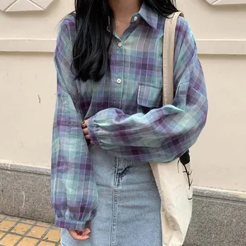 

Women Vintage Plaid Shirts Fashion Female Big Pocket Turn-down Collar Long Sleeve Shirt Women Casual Loose Blouses Blusas