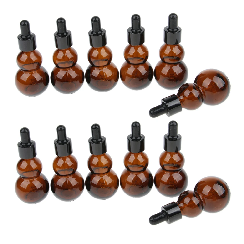 12pcs Gourd Shaped Glass Refillable Empty Dropper Bottles Essential Oil Cosmetic Makeup Perfume Container Vials Amber Color