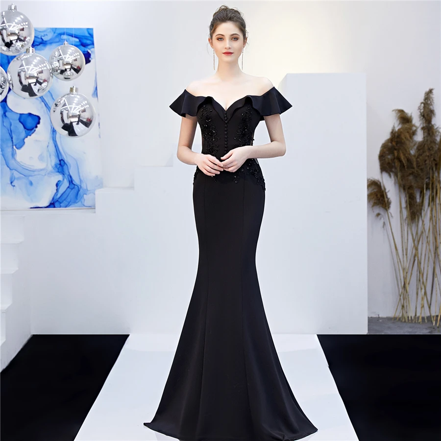 Черный Длинные вечерние платья размера плюс, Robe De Soiree, DX265-3, короткий рукав, женское вечернее платье, с открытыми плечами, Русалка, вечерние платья - Цвет: Черный