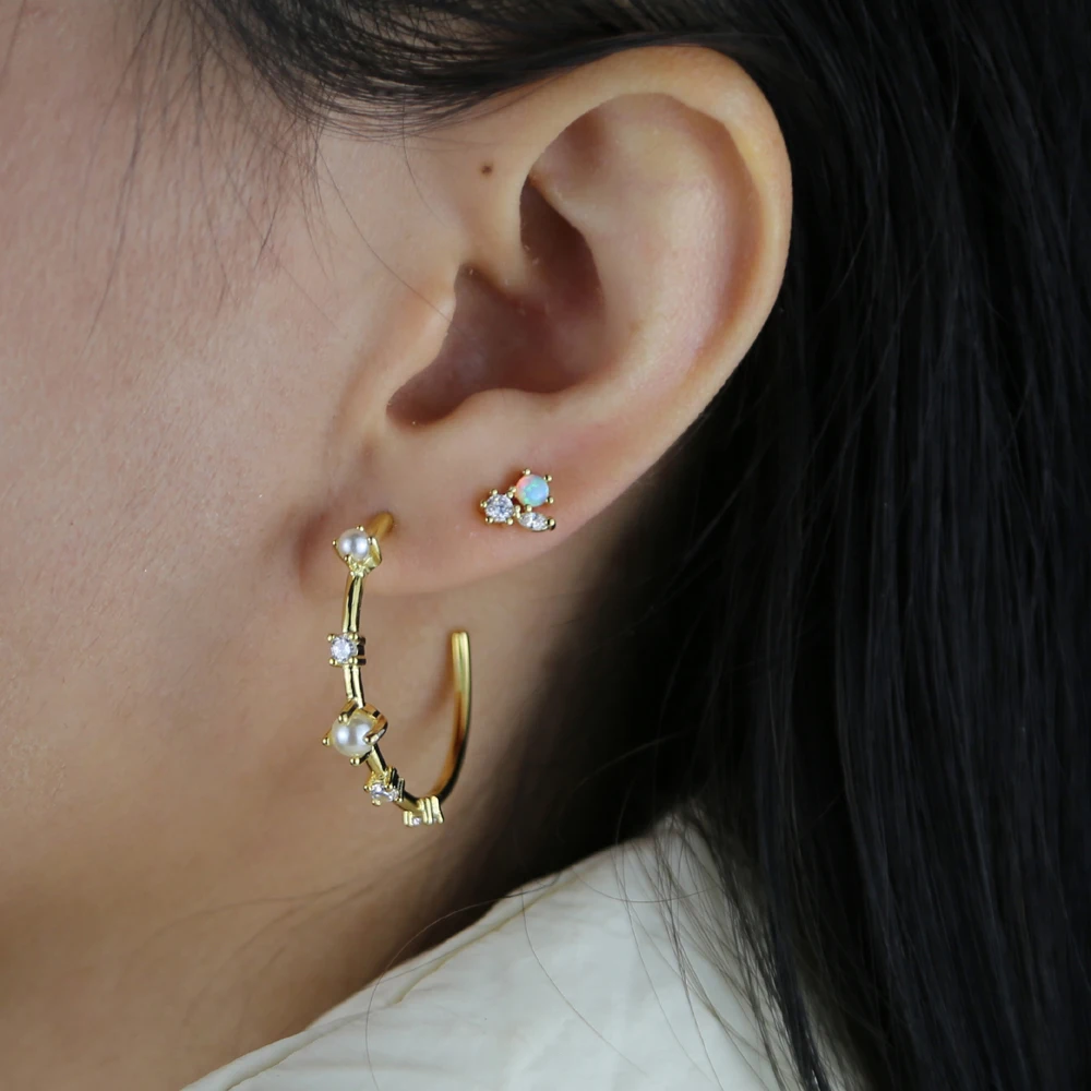 gold color white cz fresh pearl beaded Round circle hoop earring for women classic simple jewelry