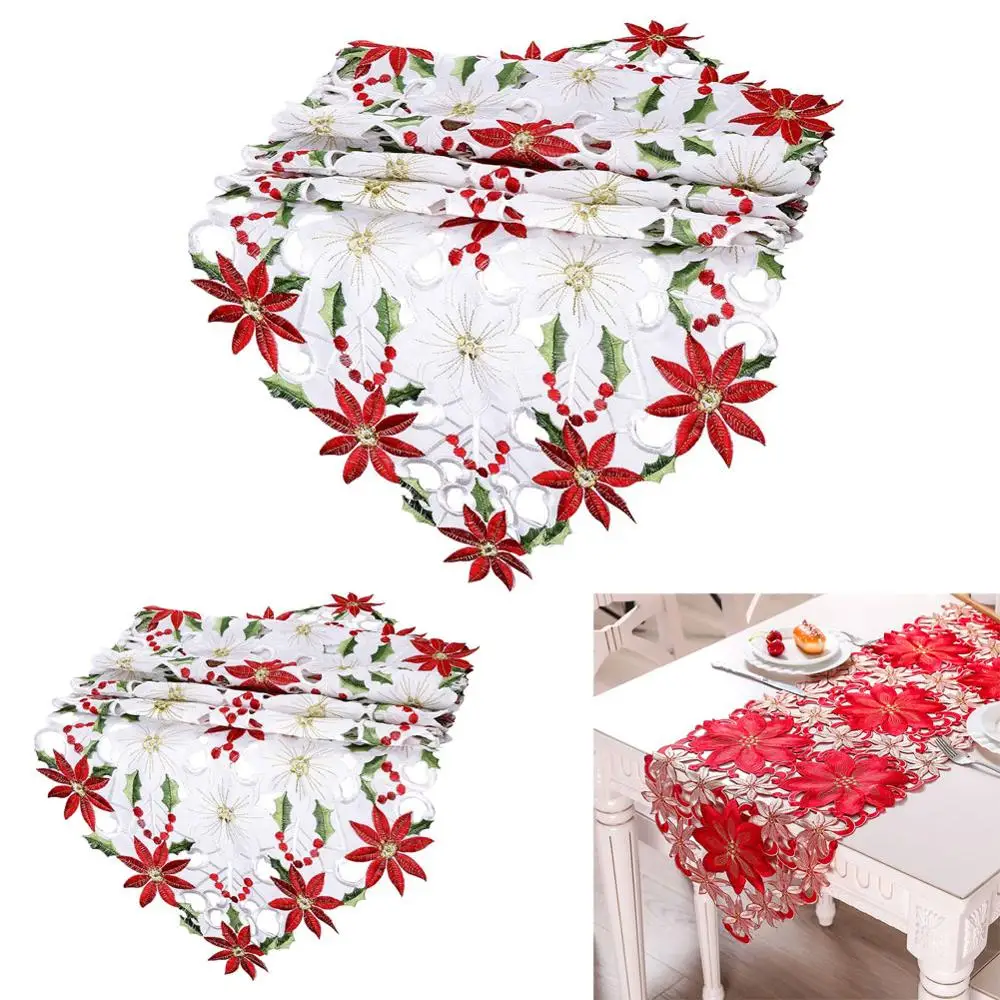 

Christmas Embroidered Table Runner Hollow Embroidered Tablecloth Home Dining Table Coffee Table Decoration Tablecloth