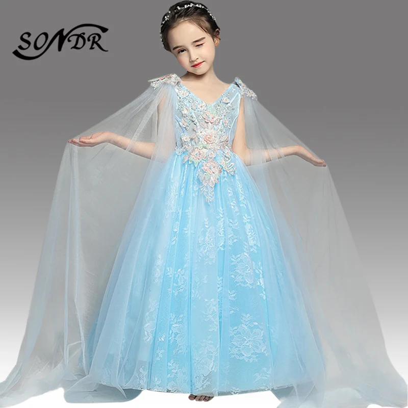 

Sky Blue Flower Girl Dress HT145 Elegant V-neck Appliques Kids Ball Gowns Lace with Shawl Flower Girl Dresses for Weddings