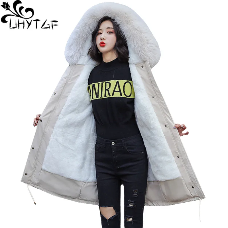 Best UHYTGF Womens winter jackets Fur collar hooded down cotton Thicken Warm coat New snow 2XL plus size parkas woman veste femme 812
