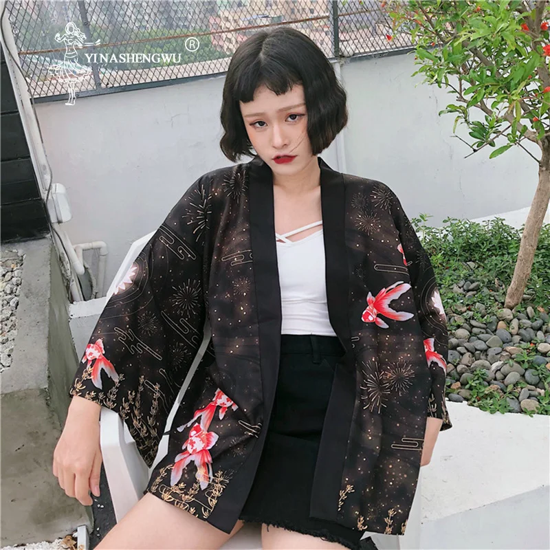 Goldfish Print Kimono Cardigan Outerwear Sunscreen Blouse Harajuku Asia Japanese Traditional Yukata Women Kimono Cosplay Costume