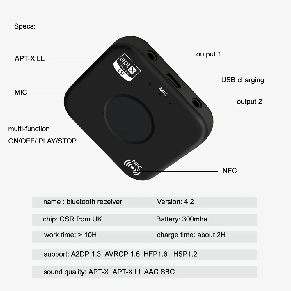 B7 плюс Bluetooth 4,2 приемник Беспроводной аудио приемник APT-X NFC CVC6.0 адаптер Встроенный микрофон двойной AUX out для динамик для наушников