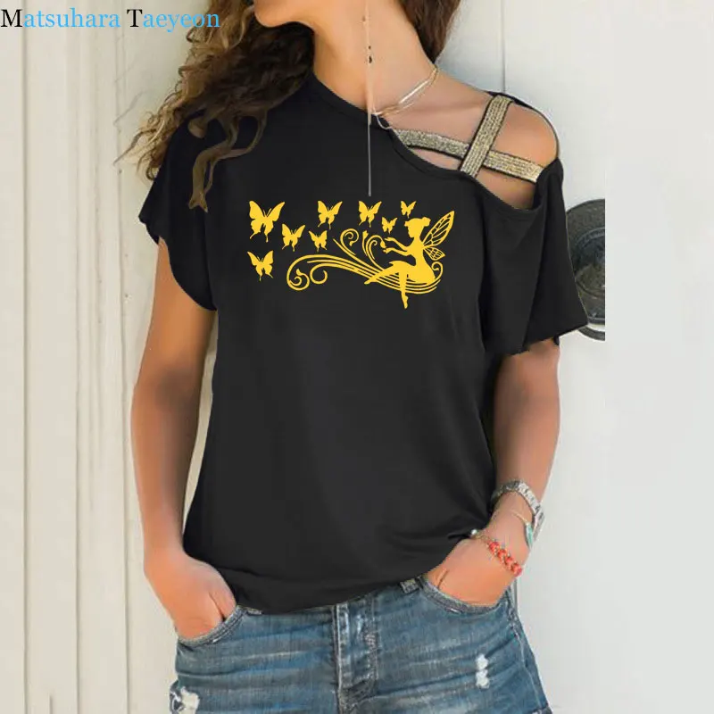 

Tops Women 2020 Tshirt Butterfly Print Tee Women's T-shirt Summer Female Harajuku T Shirt Irregular Skew Cross Bandage