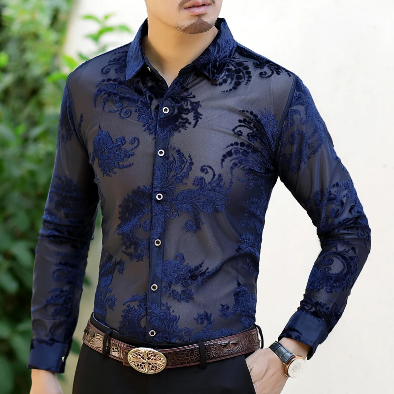 Мужские черные бархатные рубашки с длинным рукавом, Повседневные Вечерние рубашки Camicia Uomo Elegante, сексуальные мужские кружевные рубашки