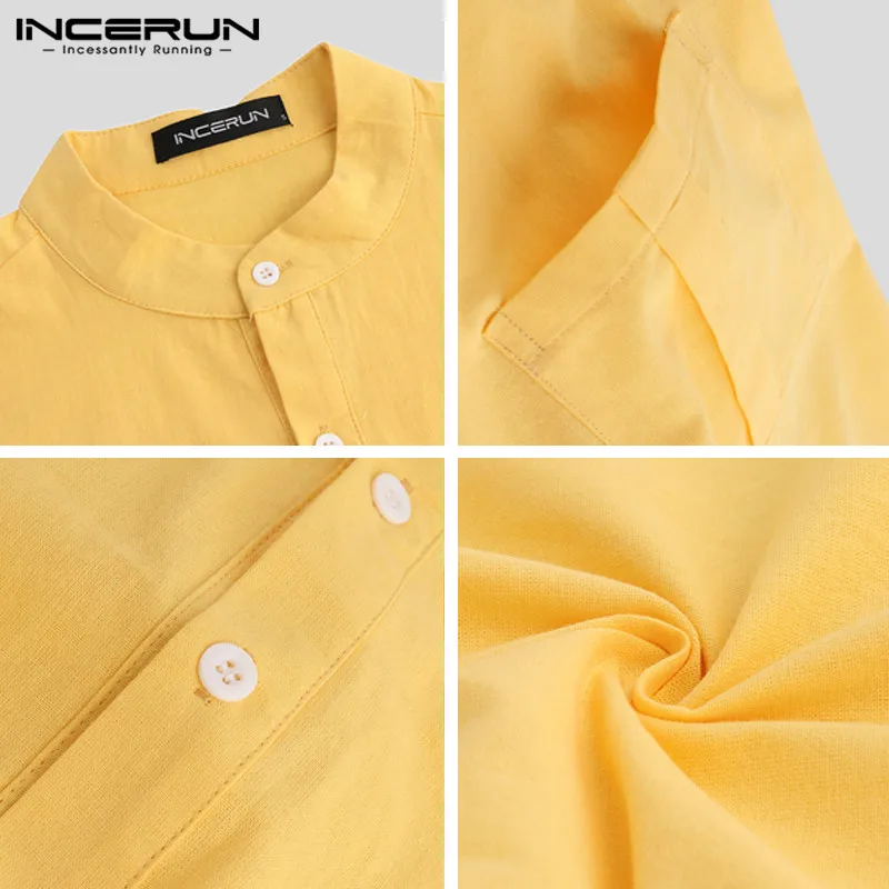 Summer casual men shirts stand collar solid cotton short sleeve streetwear