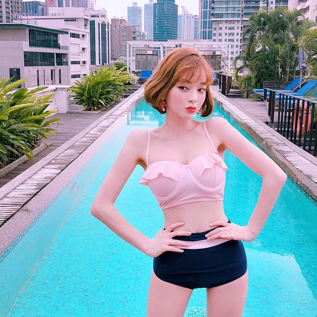 

Online Celebrity Summer New Style Pink Bikini Two Piece Set Small Bust Underwire Push up-Two-piece Swimsuits Women's