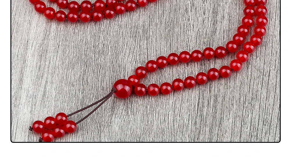 Vintage Halskette mit 108 Mala-Perlen, Karneol, roter Naturstein, handgefertigt, geknotet, Meditation, Yoga, Schmuck, Damen und Herren, Glücksarmbänder – Detail 17