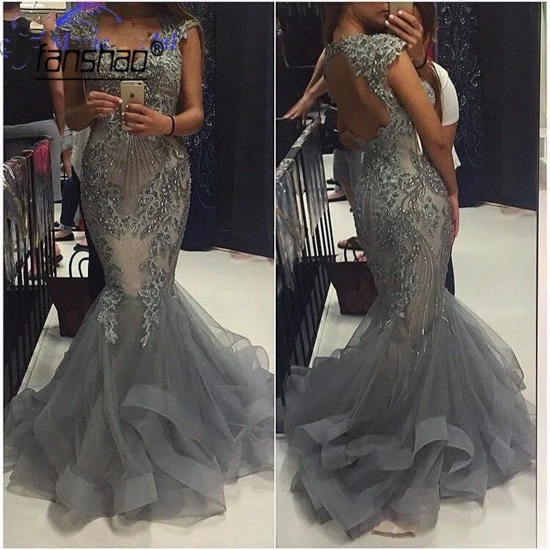 Формальное Атласное Вечернее Платье Русалка Аппликации бусы со стразами vestidos Дубай Саудовская Арабский Серый вечернее платье Выпускной платье