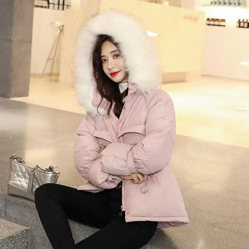 pink Новинка, зимнее короткое пальто, женский пуховик, женский воротник из искусственного меха, ватные парки, толстые теплые повседневные куртки, верхняя одежда E14 - Цвет: pink