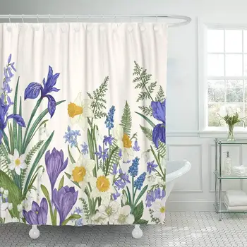 

Fabric Decorative Shower Curtain Curtains Set with Hooks Flowers Iris Crocus Narcissus Snowdrop Lily Valley Botanical Colorful