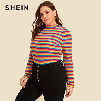 

SHEIN Plus Size Multicolor Mock Neck Striped Tee Women Autumn Casual Basic Tops Long Sleeve Slim Fit Colorblock T-shirts