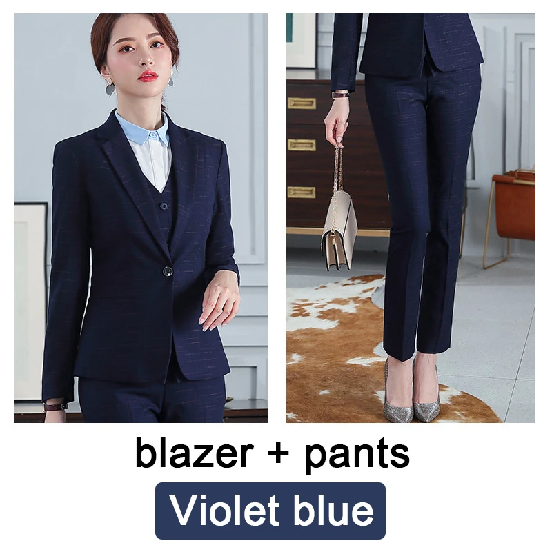 Высококлассный профессиональный костюм модный клетчатый блейзер и брюки или юбка продавец клерк отель менеджер униформа банковского работника - Цвет: VioletBlue pants set