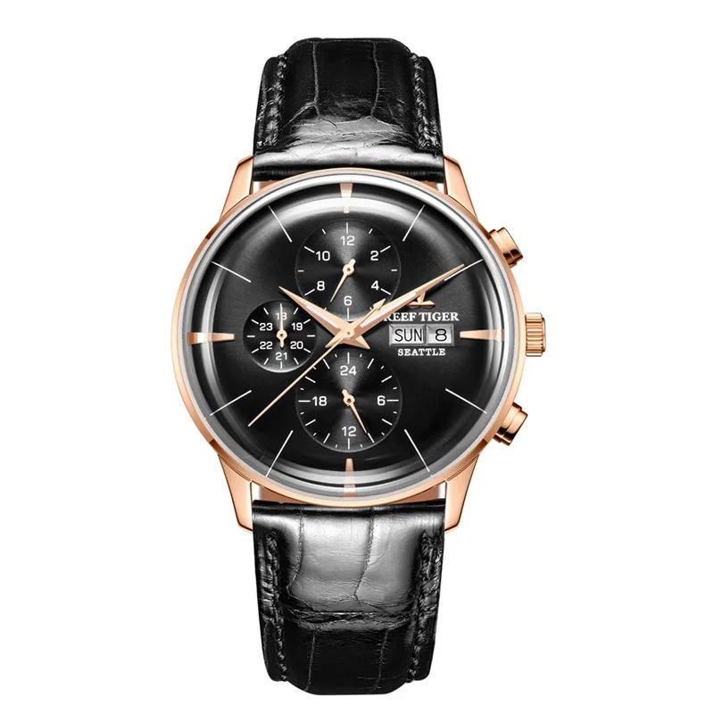Reef Tiger/RT Luxury Dress Watch Men Multi Function Rose Gold Brown Leather Strap Automatic Watch Date Day RGA1699 images - 6