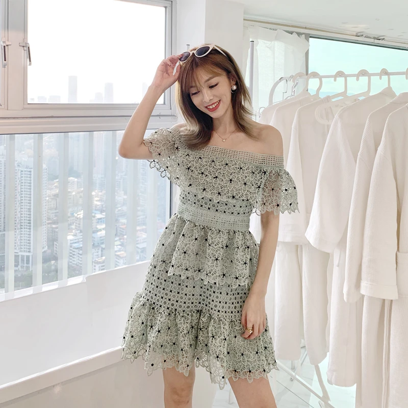 Сексуальное платье с открытыми плечами для женщин 2019 в горошек Кружева мятного