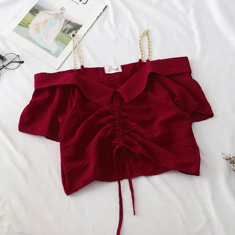 RED Heliar летняя Джокер с тонкими лямками одно слово воротник открытый плечо Drawstring рубашка с поясом с коротким рукавом и оборками Женская короткая рубашка - Цвет: RED