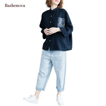 

[Bazhenova ] Women Shirt 2019 Autumn Pocket Patch Nine Quarter Sleeve Shirt Easy Thin Cotton Shirt For Girl R004