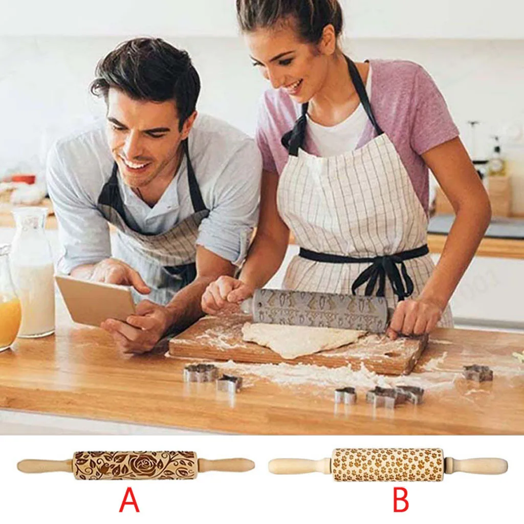 Christmas Rolling Pin Engraved Carved Wood Embossed Rolling Pin Kitchen Tool 35CM Embossing Baking Cookies Biscuit Fondant#5