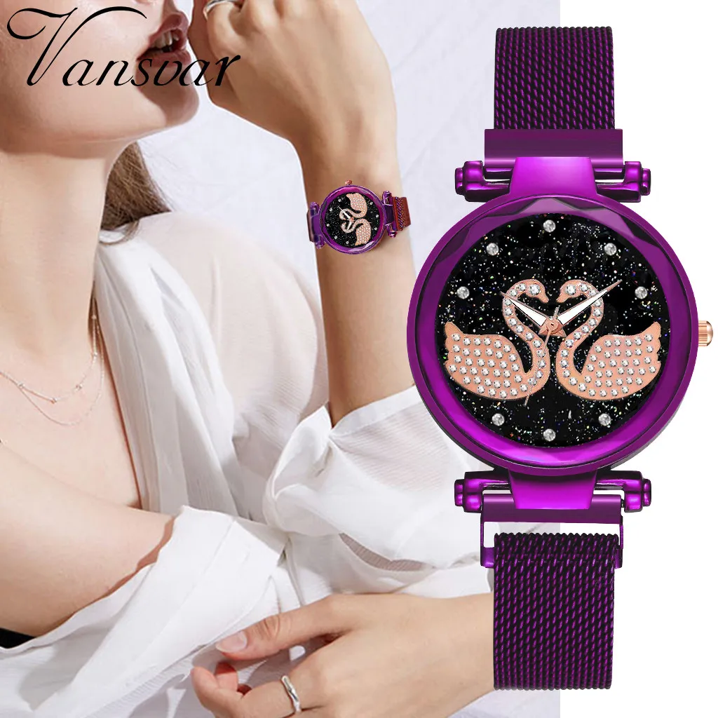 Новые женские часы reloj mujer с магнитом камнями лебедем бриллиантами кварцевые