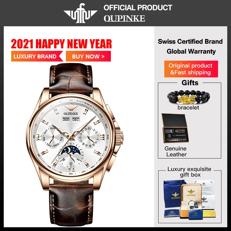 OUPINKE Men's Classic Automatic Mechanical Watch Waterproof Leather Strap Automatic Movement High Quality Watches